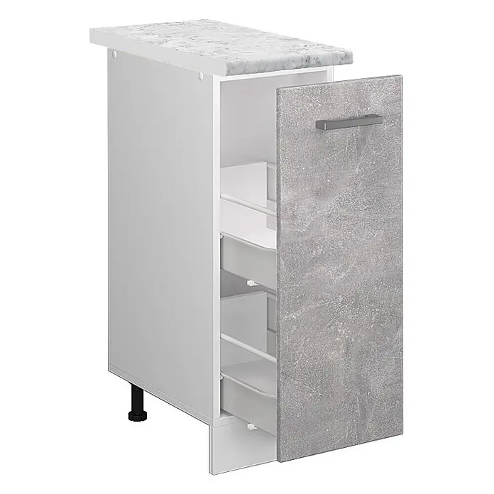 Vicco Schrankküche R-Line Beton, AP Marmor - Beton, Apothekerunterschrank 30 cm, AP Marmor - Schmaler Küchenunterschrank mit grauer Betonoptik-Tür, Marmoroptik-Arbeitsplatte und drei Auszügen.