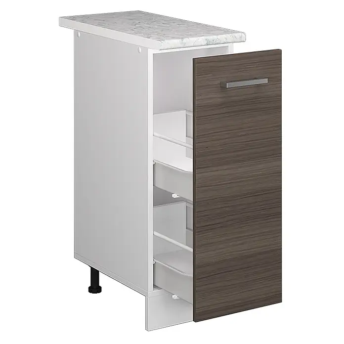 Vicco Schrankküche R-Line Edelgrau, AP Marmor - Edelgrau, Apothekerunterschrank 30 cm, AP Marmor - Weißer Unterschrank mit Marmoroptik-Arbeitsplatte, dunkler Holzmaserung-Auszugstür, silbernem Griff und drei ausziehbaren Innenkörben.