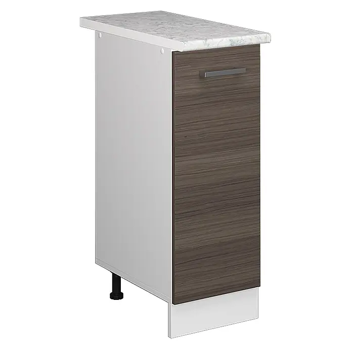 Vicco Schrankküche R-Line Edelgrau, AP Marmor - Edelgrau, Apothekerunterschrank 30 cm, AP Marmor - Schmaler Unterschrank mit heller Marmor-Arbeitsplatte, weißer Seite, brauner Holzmaserungstür und Silbergriff. Mit verstellbaren Füßen und Sockelblende.