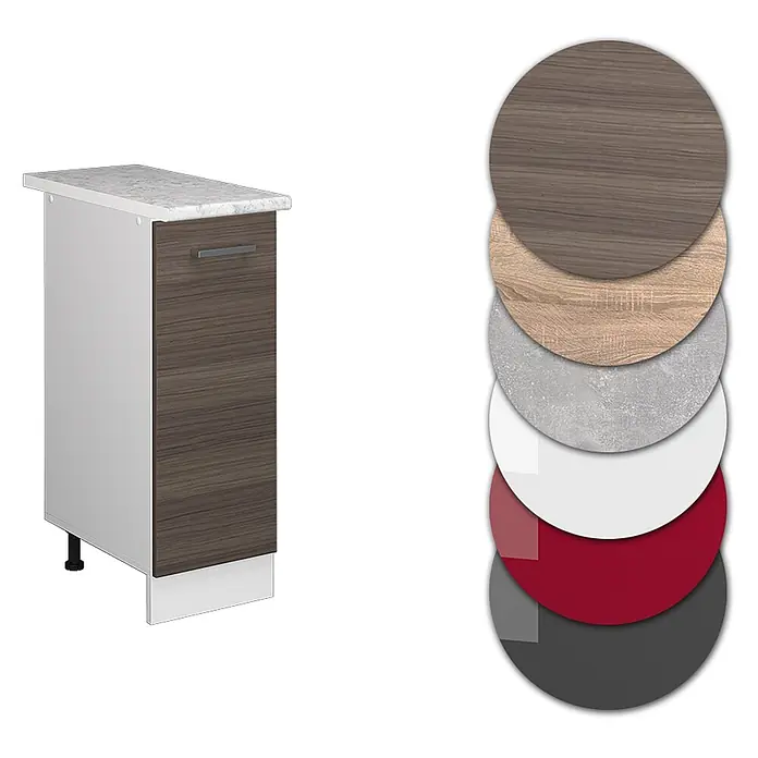 Vicco Schrankküche R-Line Edelgrau, AP Marmor - Edelgrau, Apothekerunterschrank 30 cm, AP Marmor - Schmaler Küchenunterschrank mit dunkler Holzmaserungsfront, weißen Seiten, Marmor-Effekt-Platte und Farbmuster.