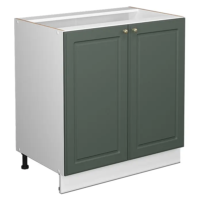 Vicco Schrankküche Fame-Line Grün-Gold Landhaus mit Regal, ohne Arbeitsplatte - Grün-Gold Landhaus, Unterschrank 80 cm - Dunkelgrüner Küchenunterschrank mit zwei Kassettentüren, Messingknöpfen und verstellbaren Füßen. Weißer Korpus und Sockelleiste.