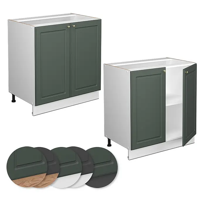 Vicco Schrankküche Fame-Line Grün-Gold Landhaus mit Regal, AP Eiche - Grün-Gold Landhaus, Unterschrank 80 cm, AP Eiche - Dunkelgrüne Küchenunterschränke mit weißen Rahmen und goldfarbenen Griffen. Einer offen mit Regalböden. Verschiedene Farboptionen angezeigt.