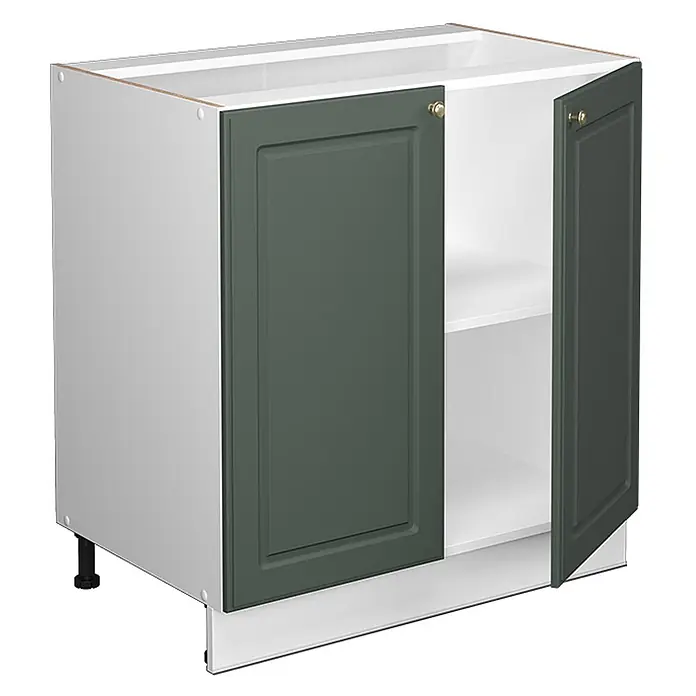 Vicco Schrankküche Fame-Line Grün-Gold Landhaus mit Regal, AP Eiche - Grün-Gold Landhaus, Unterschrank 80 cm, AP Eiche - Dunkelgrüner Unterschrank mit zwei Türen, weißem Einlegeboden und verstellbaren Füßen.