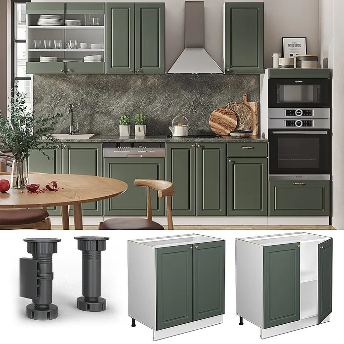 Vicco Schrankküche Fame-Line Grün-Gold Landhaus mit Regal, AP Eiche - Grün-Gold Landhaus, Unterschrank 80 cm, AP Eiche - Dunkelgrüne Shaker-Küchenschränke mit verstellbaren Beinen und Einlegeböden, integriert in eine moderne Küche.