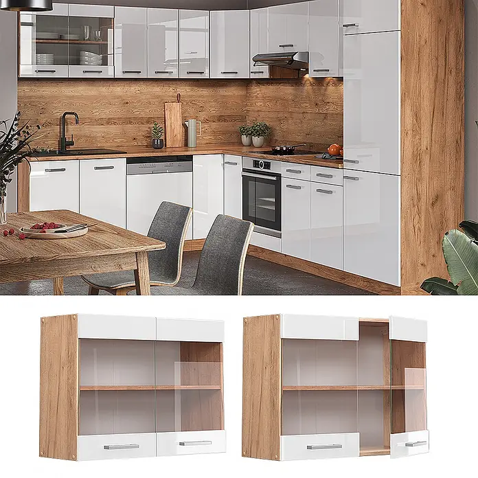 Vicco Schrankküche R-Line Weiß Hochglanz - Weiß Hochglanz, Hängeglasschrank 80 cm - Moderne Küche mit weißen Hochglanzschränken und Holzdetails, mit oberen Glasvitrinen und integrierten Geräten.