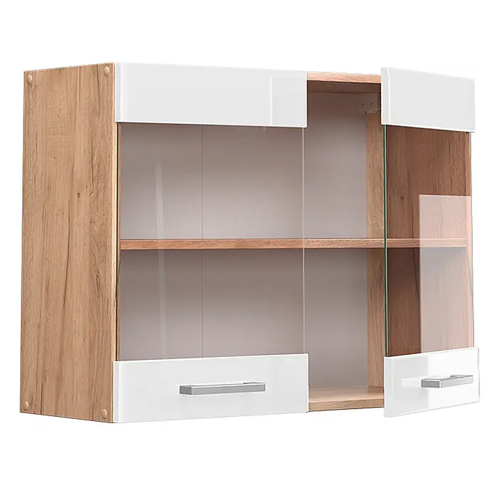 Vicco Schrankküche R-Line Weiß Hochglanz - Weiß Hochglanz, Hängeglasschrank 80 cm - Hängeschrank in Holzoptik und Weiß mit zwei Glastüren, Regalböden und Chromgriffen. Eine Tür ist leicht geöffnet.