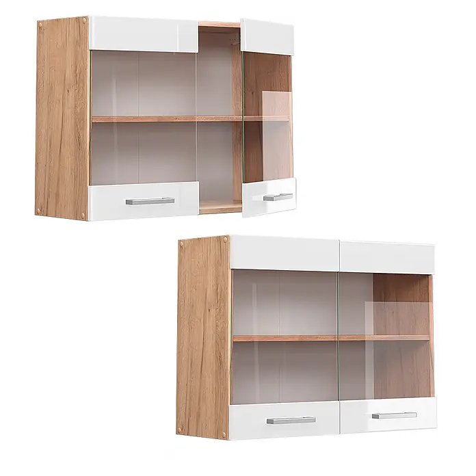 Vicco Schrankküche R-Line Weiß Hochglanz - Weiß Hochglanz, Hängeglasschrank 80 cm - Zwei moderne Hängeschränke mit Holzoptik-Seiten, weißen Paneelen, Glastüren und silbernen Griffen.