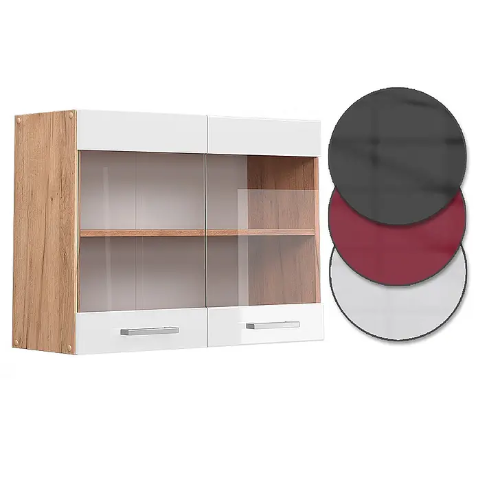 Vicco Schrankküche R-Line Weiß Hochglanz - Weiß Hochglanz, Hängeglasschrank 80 cm - Wandhängender Vitrinenschrank mit Holzdekorseiten, weißen Paneelen, Glastüren und weißen Schubladen. Erhältlich in Grau, Burgunderrot oder Weiß.