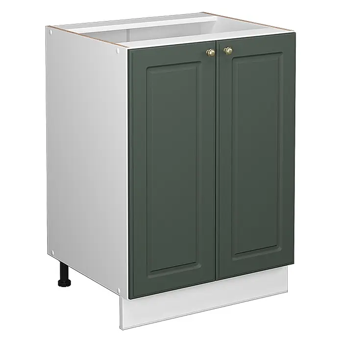 Vicco Schrankküche Fame-Line Grün-Gold Landhaus ohne Arbeitsplatte - Grün-Gold Landhaus, Unterschrank 60 cm - Weißer Küchenunterschrank mit zwei dunkelgrünen Kassettentüren, goldfarbenen Knöpfen, schwarzen Füßen und weißer Sockelleiste.
