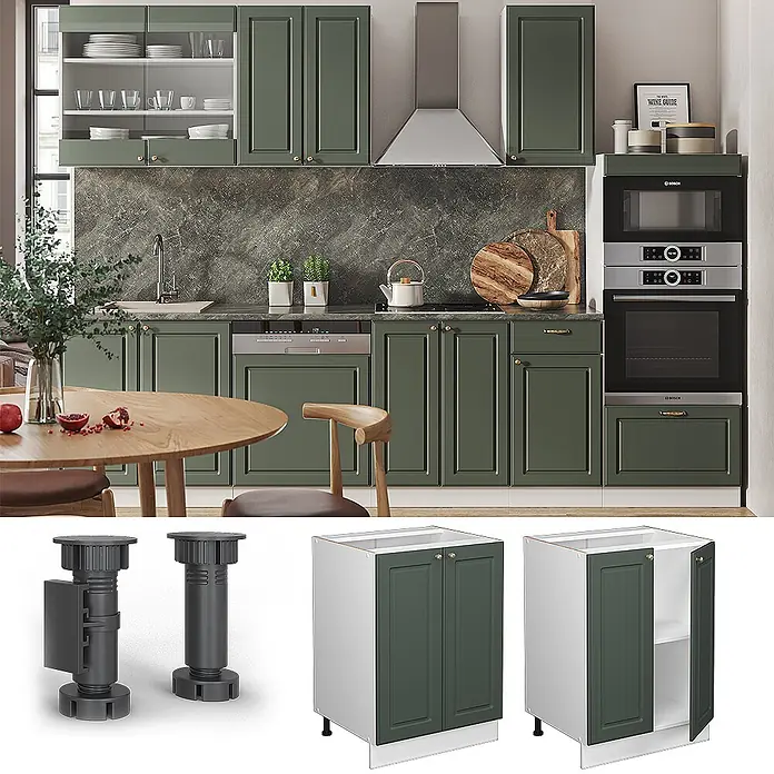 Vicco Schrankküche Fame-Line Grün-Gold Landhaus, AP Anthrazit - Grün-Gold Landhaus, Unterschrank 60 cm, AP Anthrazit - Moderne Küche mit grünen Unter- und Oberschränken mit Paneeltüren und goldenen Griffen. Inklusive Einbaugeräte.