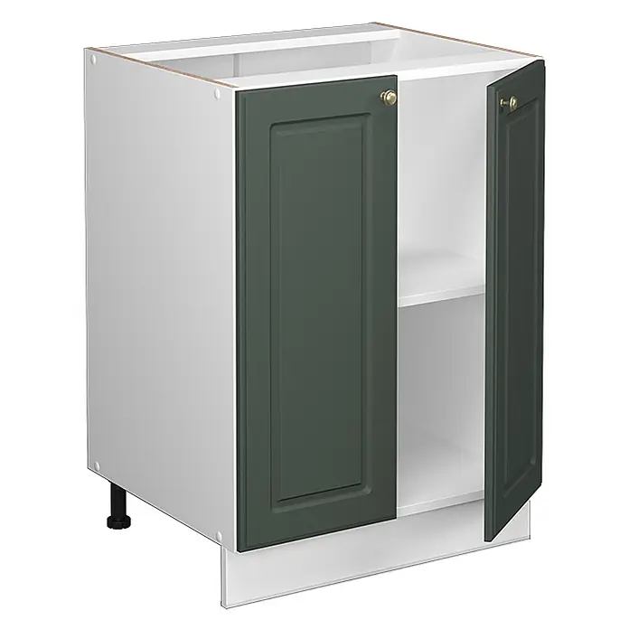 Vicco Schrankküche Fame-Line Grün-Gold Landhaus, AP Anthrazit - Grün-Gold Landhaus, Unterschrank 60 cm, AP Anthrazit - Weißer Unterschrank mit zwei offenen dunkelgrünen Kassettenfronten, Messingknöpfen und Innenböden.