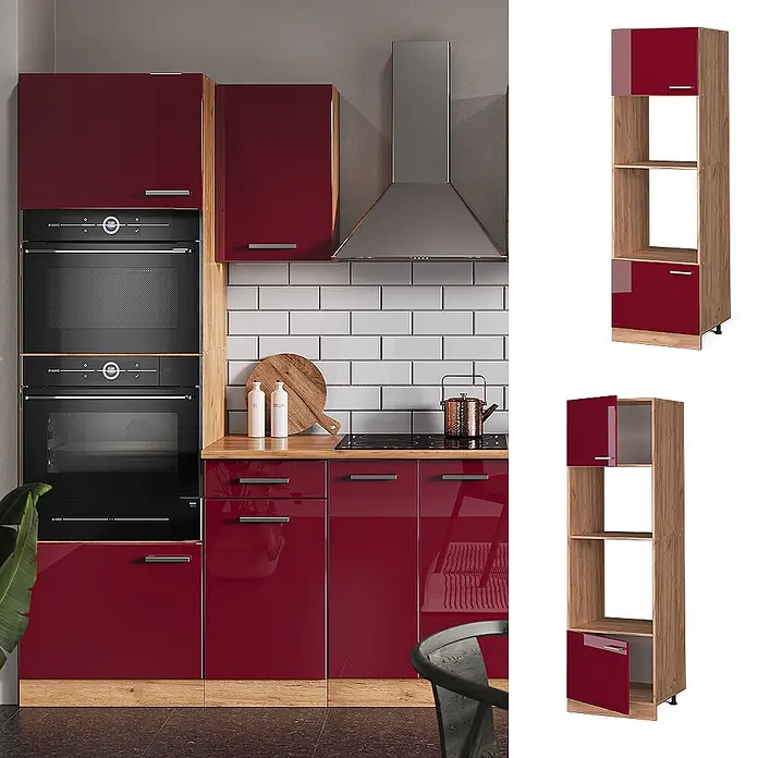 Vicco Schrankküche R-Line Rot Hochglanz - Breite: 60 cm, Rot Hochglanz, Mikrowellenumbauschrank 60 cm - Moderne Küche mit hochglänzenden roten Schränken, hellen Holzdetails und Einbauöfen. Inklusive hoher Lagerschränke mit Regalen.