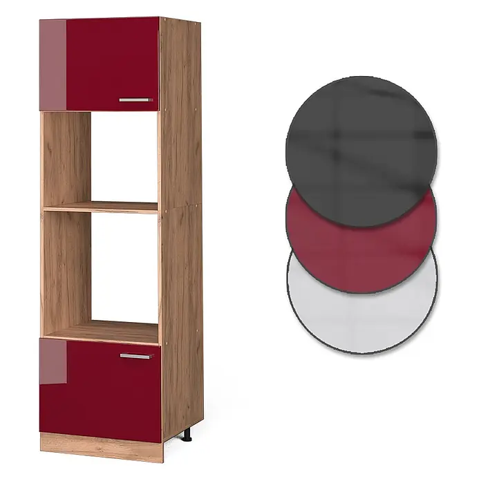 Vicco Schrankküche R-Line Rot Hochglanz - Breite: 60 cm, Rot Hochglanz, Mikrowellenumbauschrank 60 cm - Hoher Schrank in Holzoptik mit glänzenden roten Türen und offenen Fächern.