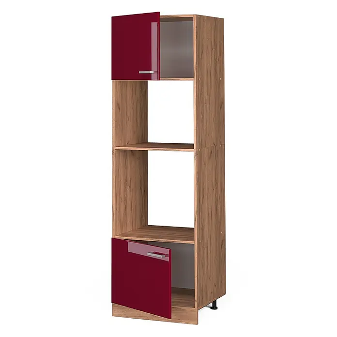 Vicco Schrankküche R-Line Rot Hochglanz - Breite: 60 cm, Rot Hochglanz, Mikrowellenumbauschrank 60 cm - Hohes Regal in Holzoptik mit zwei glänzenden roten Türen und offenen Fächern für Stauraum.