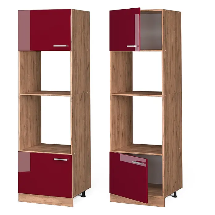 Vicco Schrankküche R-Line Rot Hochglanz - Breite: 60 cm, Rot Hochglanz, Mikrowellenumbauschrank 60 cm - Hohes Regal in Holzoptik mit glänzenden roten Schranktüren oben und unten. Mit offenen Fächern und teilweise geöffneten Türen.