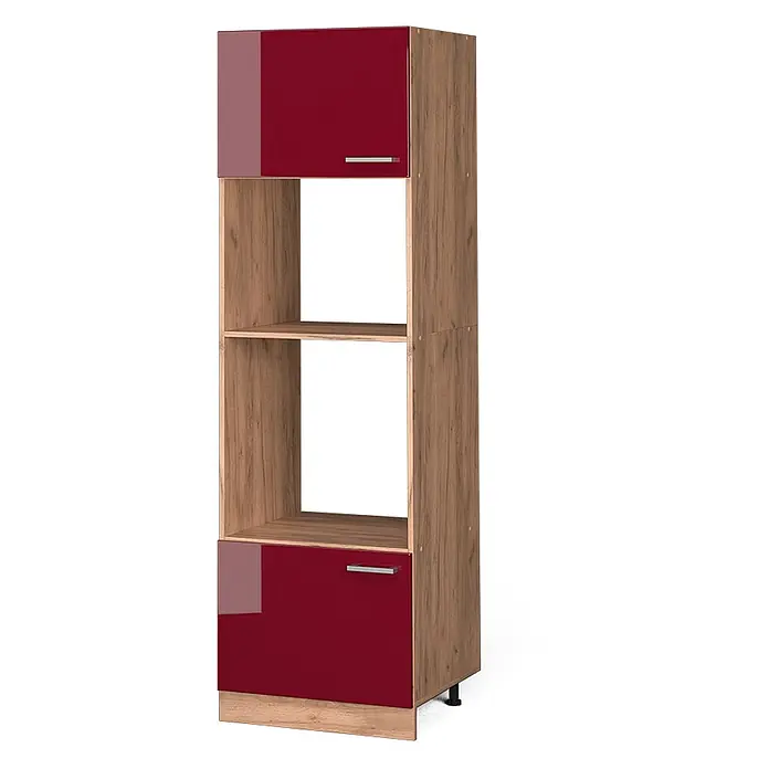 Vicco Schrankküche R-Line Rot Hochglanz - Breite: 60 cm, Rot Hochglanz, Mikrowellenumbauschrank 60 cm - Hoher Schrank in Holzoptik mit glänzenden roten Türen und offenen Fächern, ausgestattet mit silbernen Griffen.
