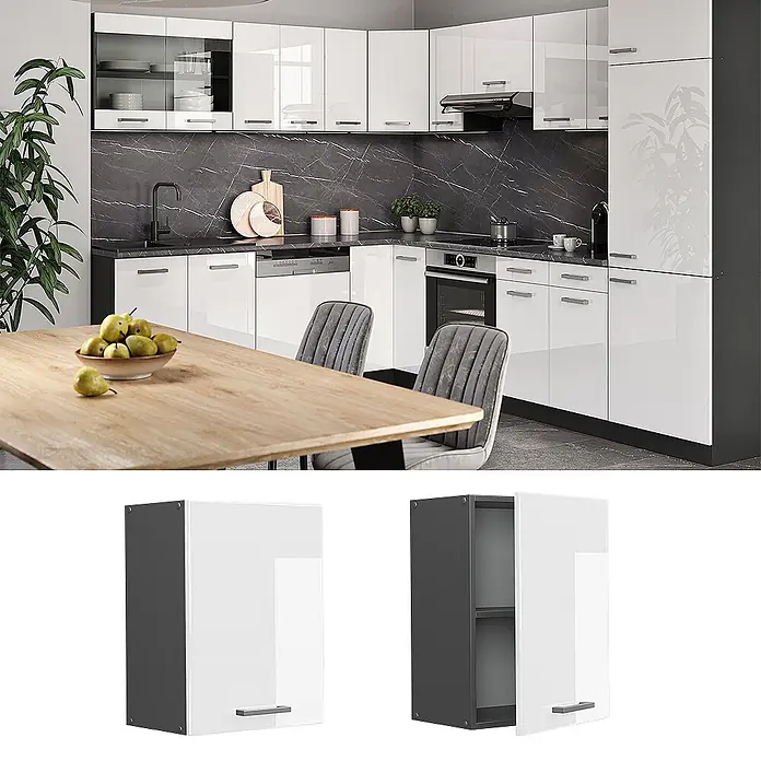 Vicco Schrankküche R-Line Weiß Hochglanz - Weiß Hochglanz, Hängeschrank 45 cm - Moderne Küche mit hochglänzenden weißen Schränken und dunkelgrauem Korpus, zeigt auch einzelne Module.