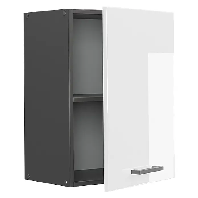 Vicco Schrankküche R-Line Weiß Hochglanz - Weiß Hochglanz, Hängeschrank 45 cm - Dunkelgrauer Wandschrank mit glänzender weißer Tür, teils offen, zeigt zwei Innenböden und einen grauen Griff.