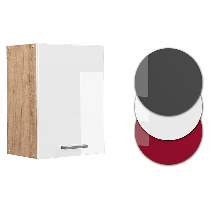 Vicco Schrankküche R-Line Weiß Hochglanz - Weiß Hochglanz, Hängeschrank 45 cm - Weißer Glanz-Hängeschrank mit heller Holzseitenwand und grauem Griff. Farboptionen: Dunkelgrau, Weiß, Bordeauxrot.