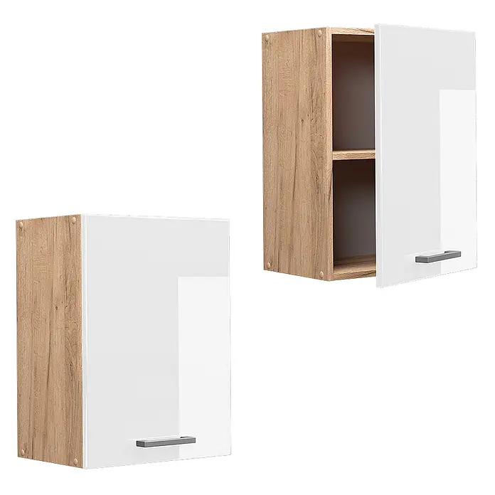 Vicco Schrankküche R-Line Weiß Hochglanz - Weiß Hochglanz, Hängeschrank 45 cm - Zwei weiße Hochglanz-Wandschränke mit Holzseiten, einer geschlossen, einer offen mit Regalen.