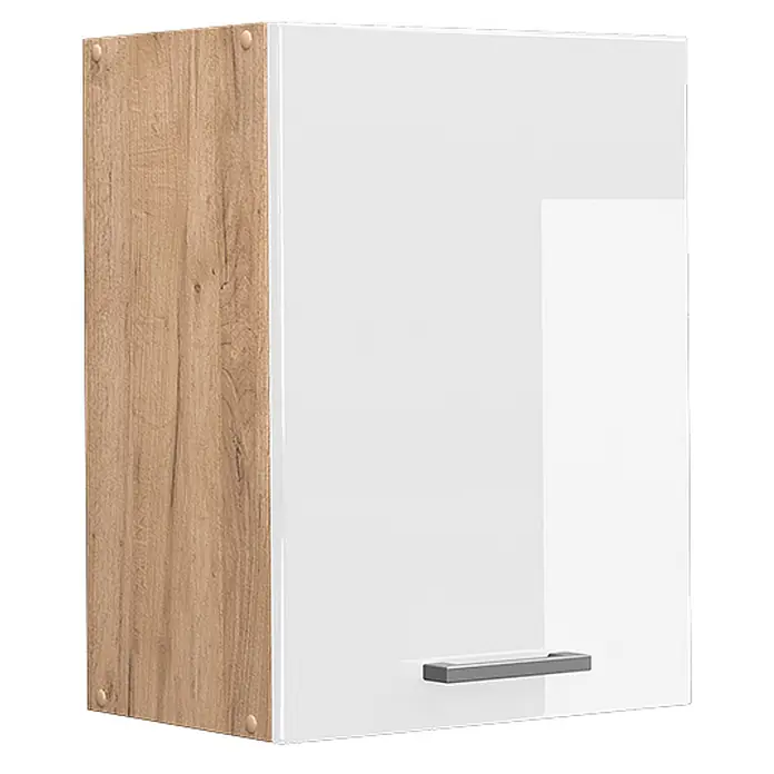 Vicco Schrankküche R-Line Weiß Hochglanz - Weiß Hochglanz, Hängeschrank 45 cm - Hängeschrank mit weiß glänzender Tür und Korpus in heller Holzoptik, mit grauem Griff.