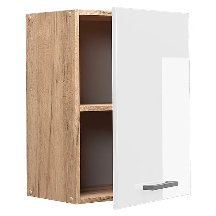 Vicco Schrankküche R-Line Weiß Hochglanz - Weiß Hochglanz, Hängeschrank 45 cm - Wandschrank mit hellem Holzmaserungskorpus und weißer Hochglanztür, leicht geöffnet, mit zwei Regalböden und grauem Griff.