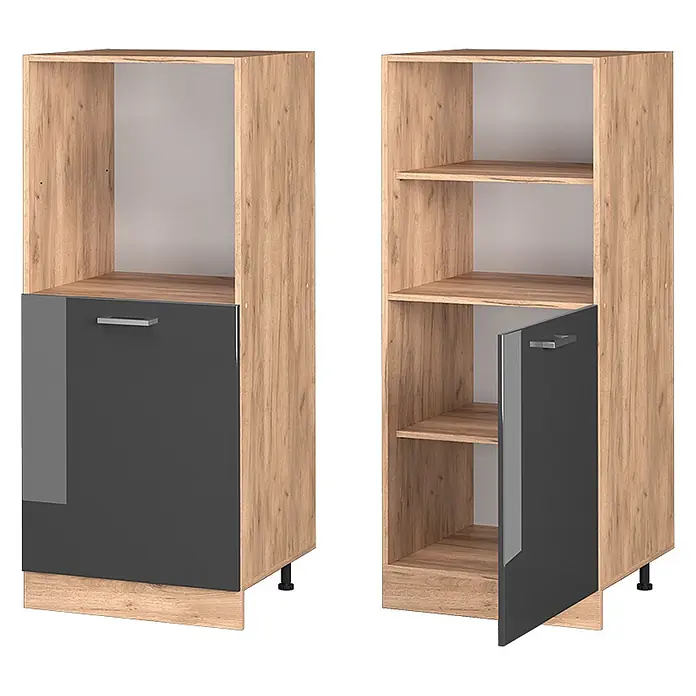 Vicco Schrankküche R-Line Anthrazit Hochglanz - Anthrazit Hochglanz, Backofenumbauschrank 60 cm (halb) - Zweifarbiger Schrank, helle Holzoptik mit dunkelgrauen Hochglanzfronten. Mit offenem Geräte-/Displayfach und unterem Aufbewahrungselement mit Schublade/Tür.