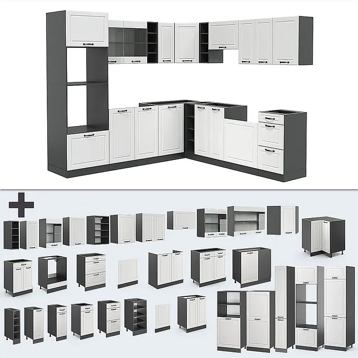 Vicco Eckküche R-Line Weiß Landhaus/Anthrazit, AP Eiche - B x T: 247 x 60 cm, Weiß Landhaus, Ohne Elektrogeräte - Modulares Küchensystem mit dunkelgrauen Rahmen und weißen Fronten, inklusive Unter-, Wand- und Hochschränken.