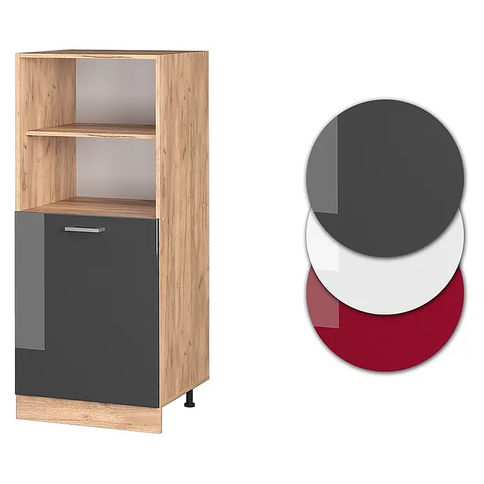 Vicco Schrankküche R-Line Anthrazit Hochglanz - Anthrazit Hochglanz, Backofenumbauschrank 60 cm (halb) - Hoher Holzschrank mit offenen Fächern und einer dunkelgrauen Hochglanztür. Farbmuster für graue, weiße und rote Türen enthalten.