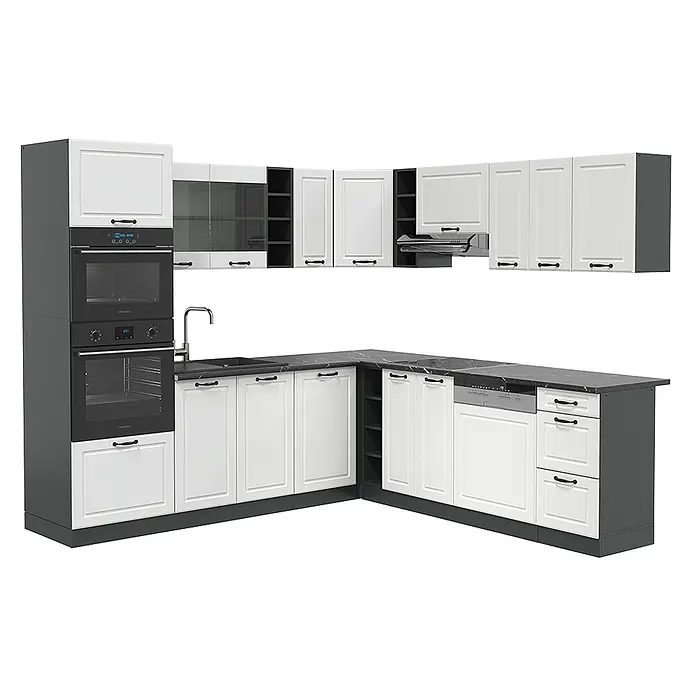 Vicco Eckküche R-Line Weiß Landhaus/Anthrazit ohne Arbeitsplatte - B x T: 247 x 46 cm, Weiß Landhaus, Ohne Elektrogeräte - L-förmige Küchenzeile mit weißen Schrankfronten, dunkelgrauen Rahmen und schwarzer Marmor-Arbeitsplatte, inklusive integrierter Öfen und Spüle.