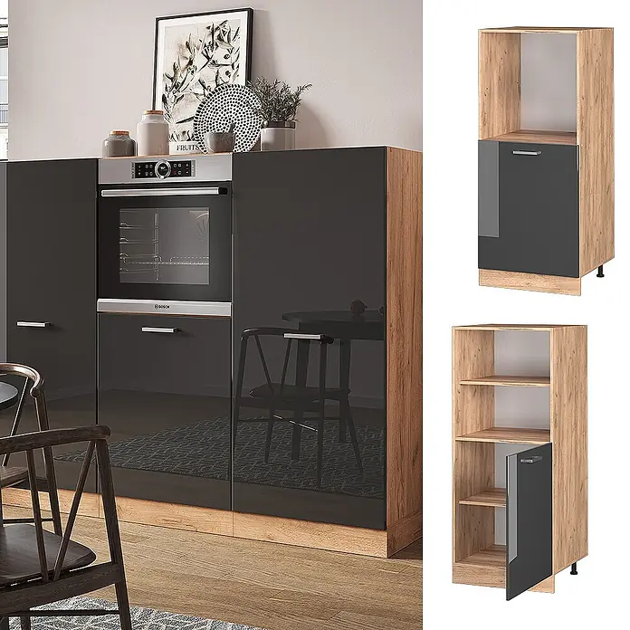 Vicco Schrankküche R-Line Anthrazit Hochglanz - Anthrazit Hochglanz, Backofenumbauschrank 60 cm (halb) - Moderne Küchenschränke mit dunkelgrauen Hochglanzfronten und Holzdekor-Paneelen, inkl. integriertem Backofen und passenden Einzelmodulen.