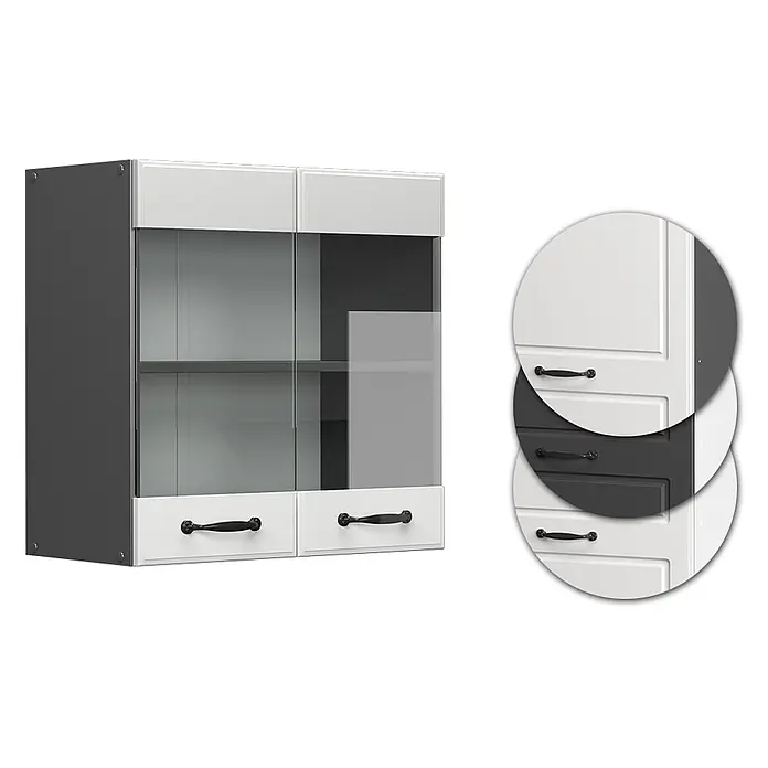 Vicco Schrankküche R-Line Weiß Landhaus - Weiß Landhaus, Hängeglasschrank 60 cm - Zweifarbiger Wandschrank mit dunkelgrauem Korpus, weißen Ober- und Unterteilen, Glastüren und zwei Schubladen mit schwarzen Griffen.