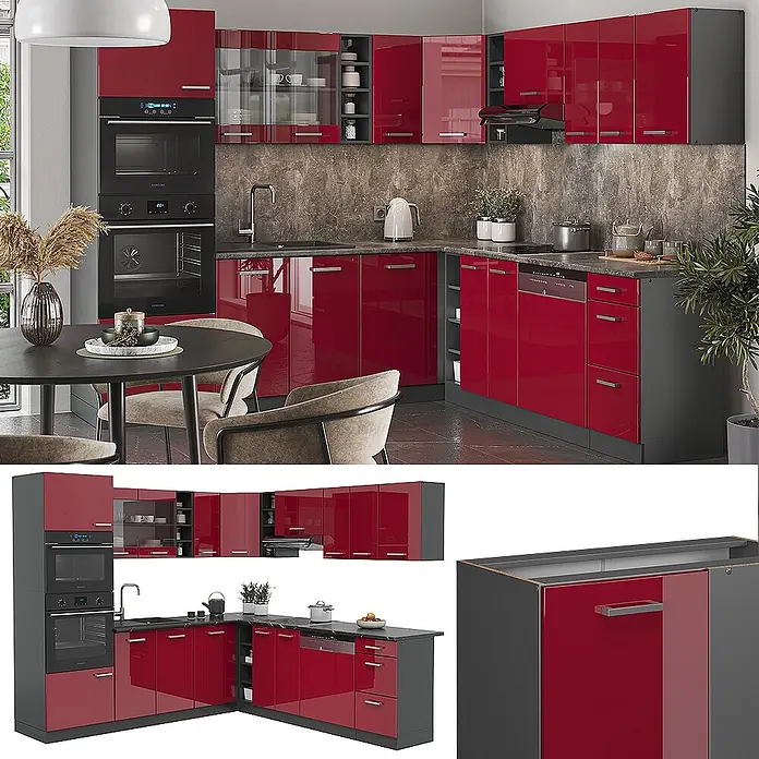 Vicco Eckküche R-Line Rot Hochglanz/Anthrazit, AP Eiche - B x T: 247 x 60 cm, Rot Hochglanz, Ohne Elektrogeräte - Moderne L-förmige Küche mit hochglänzenden roten Fronten, dunkelgrauen Rahmen, integrierten Geräten und einer Arbeitsplatte in Marmoroptik.