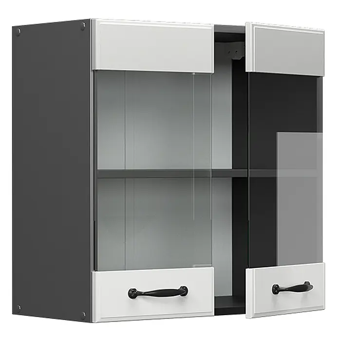 Vicco Schrankküche R-Line Weiß Landhaus - Weiß Landhaus, Hängeglasschrank 60 cm - Dunkelgrauer Wandschrank mit weißen Glasschiebetüren und weißen Schubladen mit schwarzen Griffen.