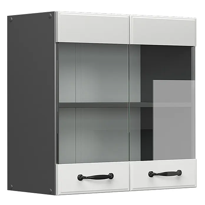 Vicco Schrankküche R-Line Weiß Landhaus - Weiß Landhaus, Hängeglasschrank 60 cm - Modernes grau-weißes Hängeschränkchen mit zwei Glastüren und zwei unteren weißen Fronten mit schwarzen Griffen.