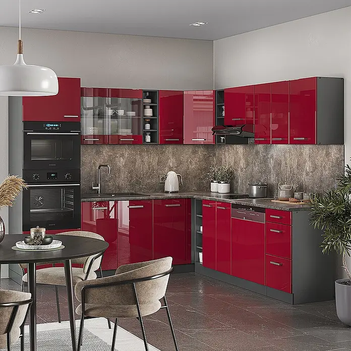 Vicco Eckküche R-Line Rot Hochglanz/Anthrazit, AP Eiche - B x T: 247 x 60 cm, Rot Hochglanz, Ohne Elektrogeräte - Moderne L-förmige Küche mit glänzenden roten Schrankfronten, integrierten Geräten und dunkelgrauen Elementen.