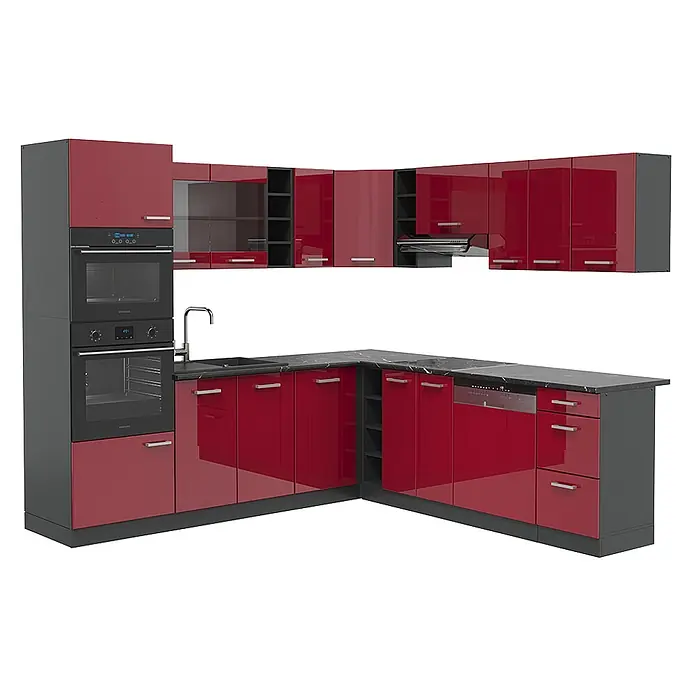 Vicco Eckküche R-Line Rot Hochglanz/Anthrazit ohne Arbeitsplatte - B x T: 247 x 46 cm, Rot Hochglanz, Ohne Elektrogeräte - Moderne L-förmige Küche mit glänzenden roten Schränken, dunkelgrauen Rahmen, Einbaugeräten (Öfen, Kochfeld, Spülmaschine) und Spüle.