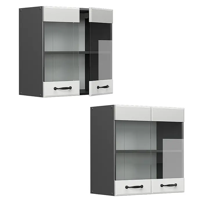 Vicco Schrankküche R-Line Weiß Landhaus - Weiß Landhaus, Hängeglasschrank 60 cm - Zweitüriger Hängeschrank mit Glasfronten, weißen Rahmen, dunkelgrauem Korpus und zwei weißen Schubladen mit schwarzen Griffen.