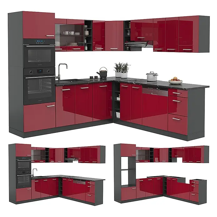 Vicco Eckküche R-Line Rot Hochglanz/Anthrazit, AP Eiche - B x T: 247 x 60 cm, Rot Hochglanz, Ohne Elektrogeräte - Moderne L-förmige Küche mit glänzend roten Fronten und dunkelgrauen Details, inklusive integrierten Öfen und Spüle.