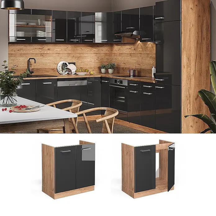 Vicco Schrankküche R-Line Anthrazit Hochglanz ohne Arbeitsplatte - Breite: 80 cm, Anthrazit Hochglanz, Spülenunterschrank 80 cm - Moderne Küche mit schwarzen Hochglanzschränken und Holzelementen. Separate Ansichten zeigen einen Unterschrank mit schwarzen Türen und Holzseiten.