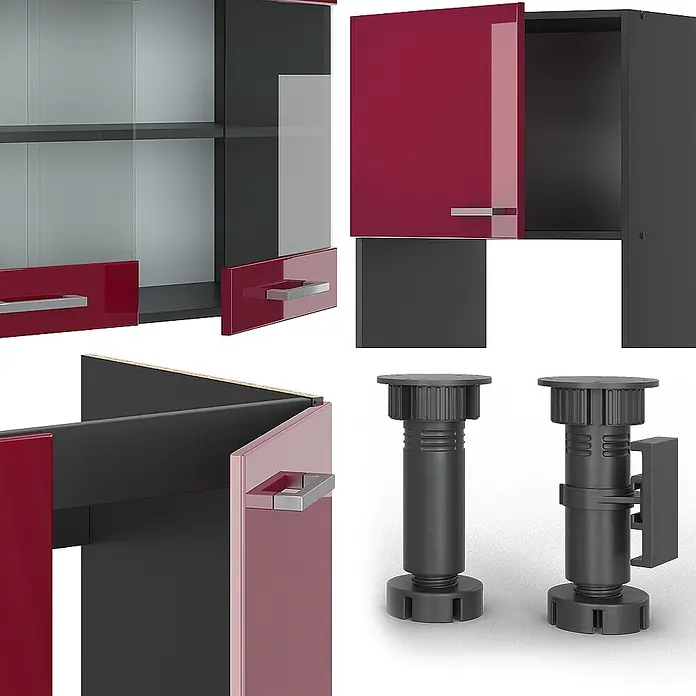 Vicco Eckküche R-Line Rot Hochglanz/Anthrazit, AP Eiche - B x T: 247 x 60 cm, Rot Hochglanz, Ohne Elektrogeräte - Dunkelgraue Küchenschrankteile mit glänzenden roten Fronten und silbernen Griffen, sowie schwarzen verstellbaren Möbelfüßen.