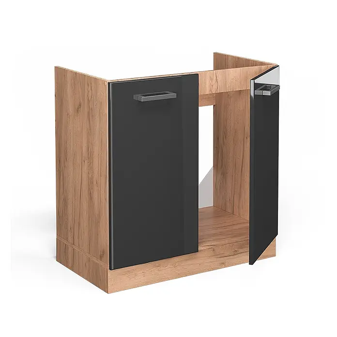 Vicco Schrankküche R-Line Anthrazit Hochglanz ohne Arbeitsplatte - Breite: 80 cm, Anthrazit Hochglanz, Spülenunterschrank 80 cm - Küchenunterschrank aus Holz mit dunkelgrauen Türen, eine geschlossen, eine offen, zeigt Innenfach.