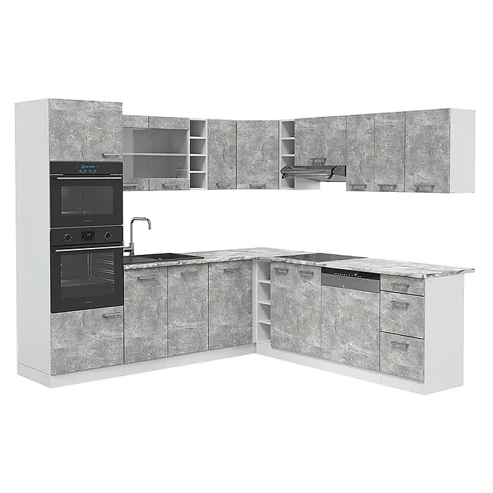 Vicco Eckküche R-Line Beton/Weiß, AP Marmor - B x T: 247 x 60 cm, Beton, Ohne Elektrogeräte - L-förmige Küchenzeile mit grauen Stein-Optik-Schränken und Arbeitsplatte, integrierten schwarzen Geräten und Edelstahlgriffen.