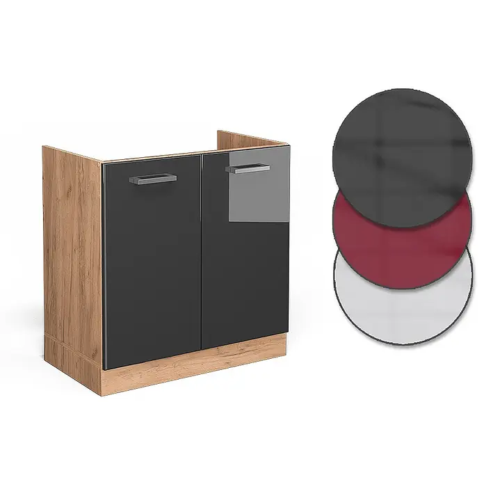 Vicco Schrankküche R-Line Anthrazit Hochglanz ohne Arbeitsplatte - Breite: 80 cm, Anthrazit Hochglanz, Spülenunterschrank 80 cm - Holzunterschrank mit dunkelgrauen Hochglanztüren und silbernen Griffen. Inklusive Farbmuster für burgunderrote und weiße Türoptionen.