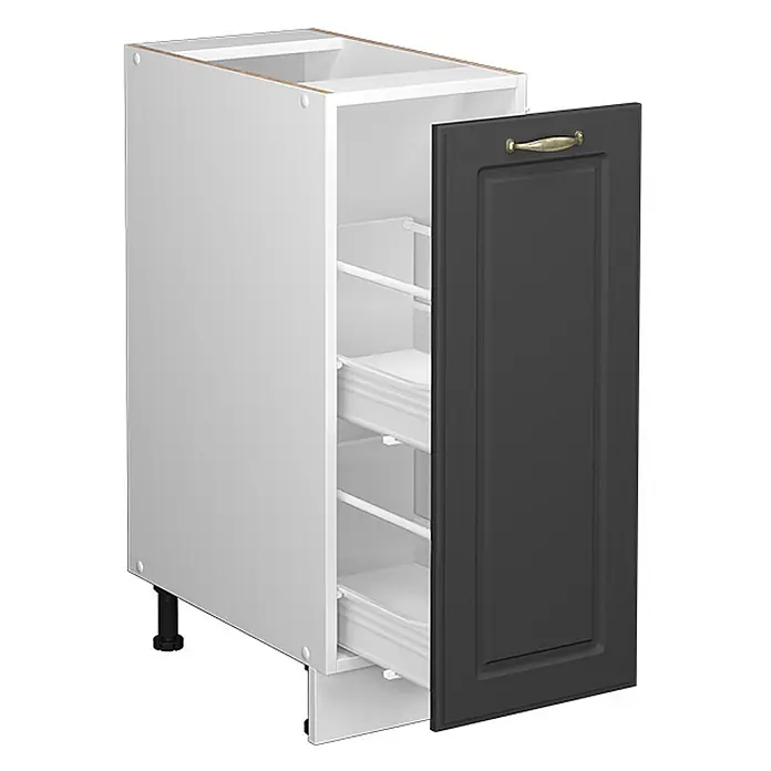 Vicco Schrankküche Fame-Line Anthrazit-Gold, AP Anthrazit - Anthrazit-Gold Landhaus, Apothekerunterschrank 30 cm, AP Anthrazit - Weißer Küchenunterschrank mit dunkelgrauer Tür, goldenem Griff und zwei ausziehbaren Gewürzregalschubladen.