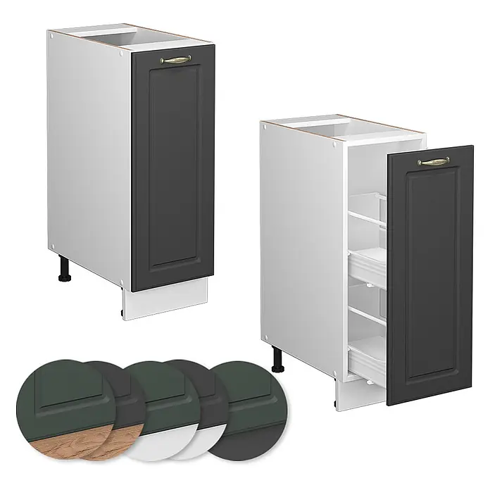 Vicco Schrankküche Fame-Line Anthrazit-Gold, AP Anthrazit - Anthrazit-Gold Landhaus, Apothekerunterschrank 30 cm, AP Anthrazit - Zwei dunkelgraue Küchenunterschränke im Shaker-Stil; einer geschlossen, einer mit geöffneter Tür und Auszügen. Farbmuster unten.