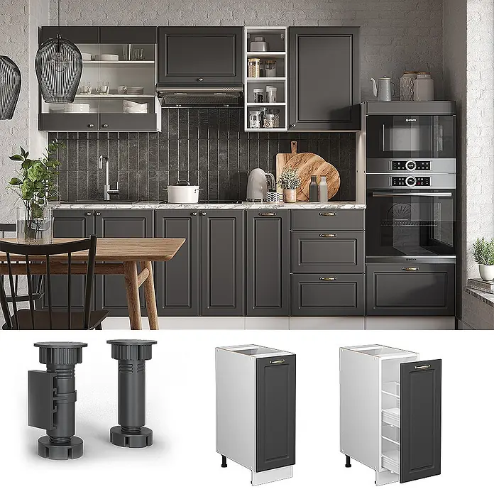 Vicco Schrankküche Fame-Line Anthrazit-Gold, AP Anthrazit - Anthrazit-Gold Landhaus, Apothekerunterschrank 30 cm, AP Anthrazit - Dunkelgraue Küchenschränke in modernem Ambiente. Einzelne Unterschränke und verstellbare Füße sind auch gezeigt.