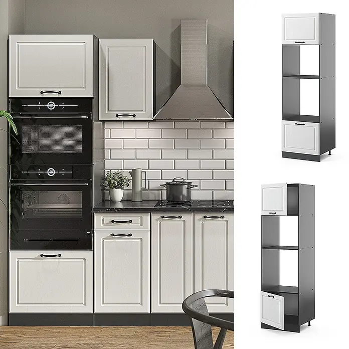 Vicco Schrankküche R-Line Weiß Landhaus - Weiß Landhaus, Mikrowellenumbauschrank 60 cm - Hoher cremefarbener und dunkelgrauer Küchenschrank mit Paneeltüren und schwarzen Griffen für Einbaugeräte.