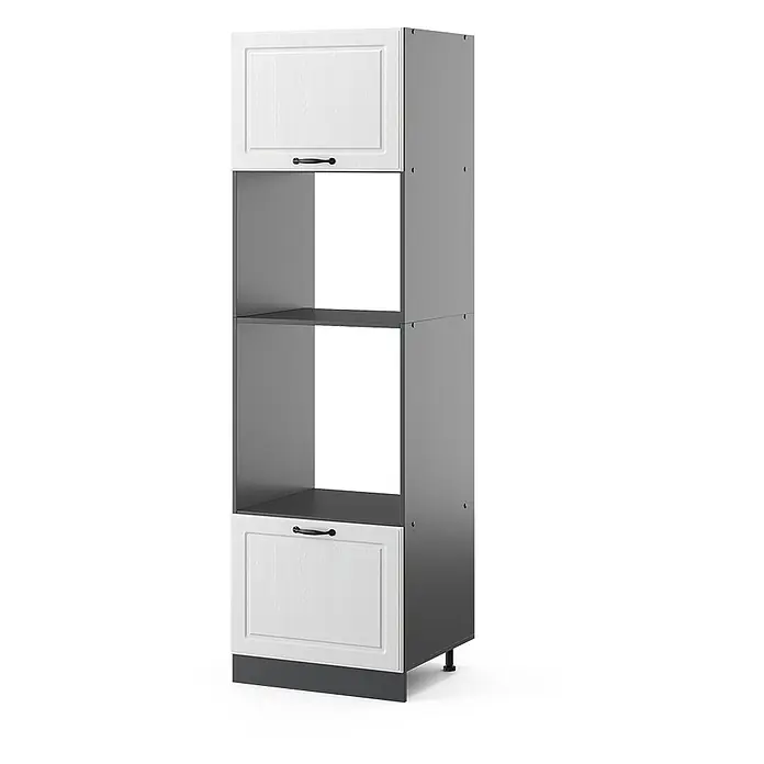 Vicco Schrankküche R-Line Weiß Landhaus - Weiß Landhaus, Mikrowellenumbauschrank 60 cm - Hoher dunkelgrauer Küchenschrank mit zwei weißen Kassettentüren, schwarzen Griffen und zwei offenen Fächern für Geräte. Mit verstellbaren Füßen.
