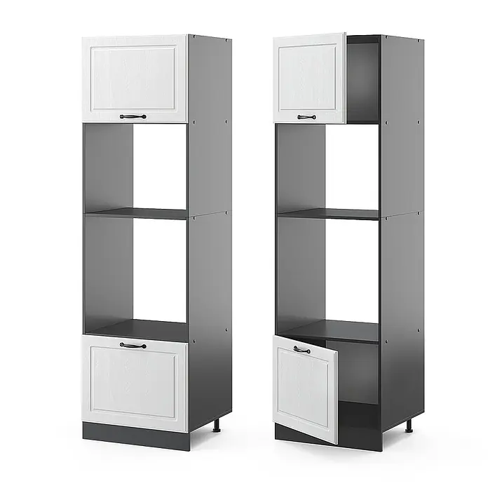 Vicco Schrankküche R-Line Weiß Landhaus - Weiß Landhaus, Mikrowellenumbauschrank 60 cm - Zwei hohe Küchenschränke, dunkelgrau mit weißen Holzmaserungstüren. Einer geschlossen, einer mit oberen und unteren Türen offen, schwarzen Griffen.